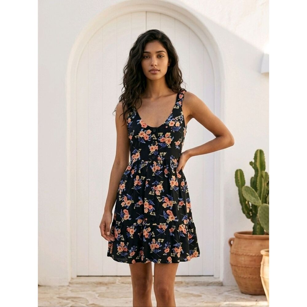 Band of Gypsies XS Black Floral Mini Dress Bow Straps Button Back Boho Y2K Chic